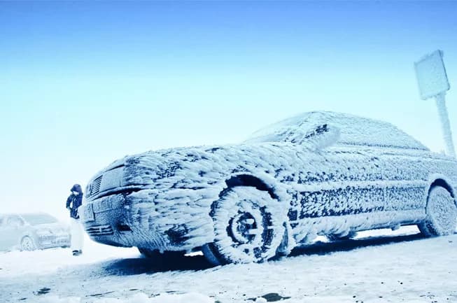 A snow-dusted vehicle parked outside a Calgary detailing studio in winter light