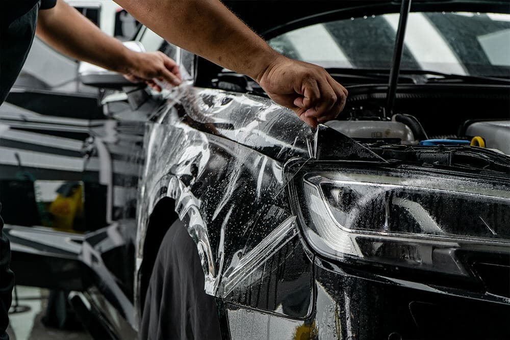 Technician installing paint protection film on a vehicle's fender near the headlight